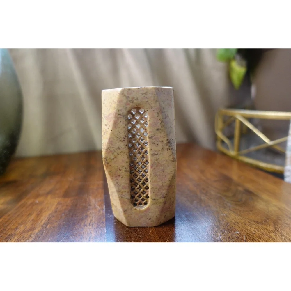 Vintage Stone Vase with Inlaid Floral Design, Small Decorative Vase‎